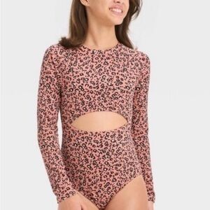 Art Class Girls Brown Leopard Long Sleeve Rash guard Swimsuit UPF 50+ Sz XL 14